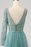 Grey Green A-Line Sparkly Sequin Long Corset Prom Dress