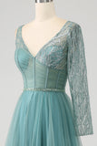 Grey Green A-Line Sparkly Sequin Long Corset Prom Dress