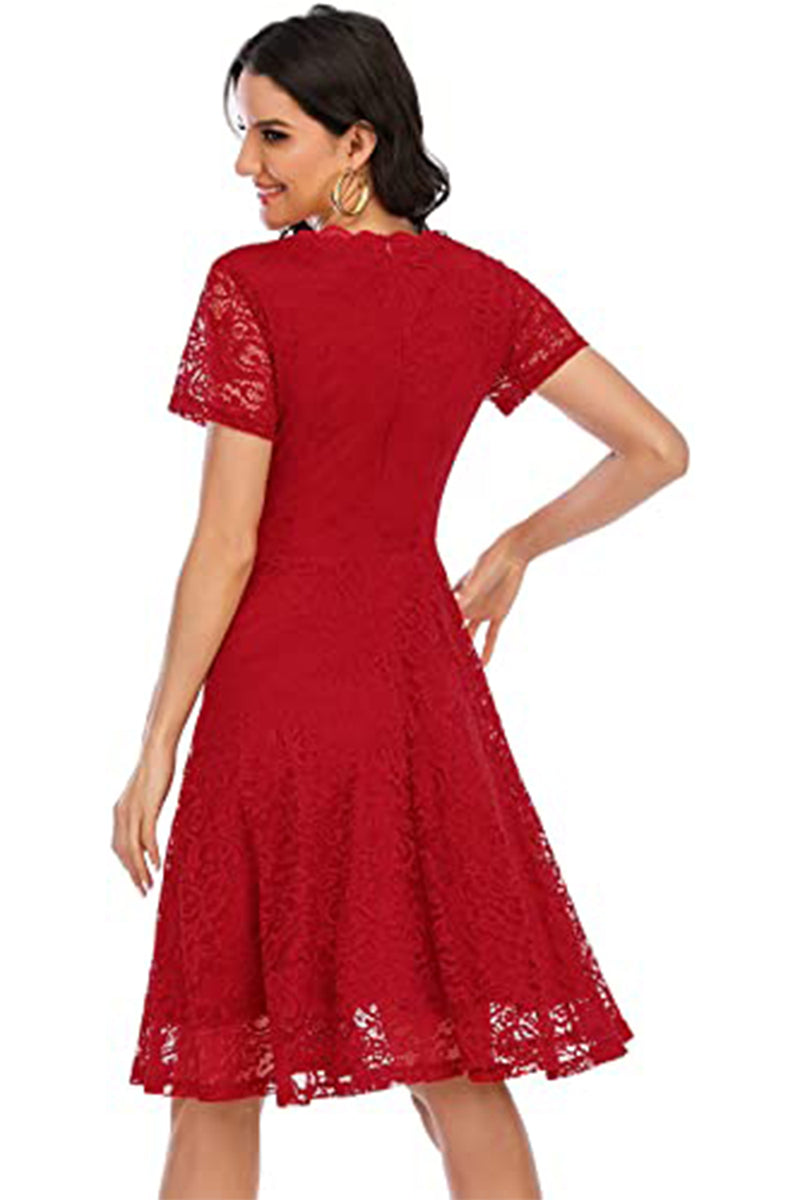 Red lace dress sales short sleeve