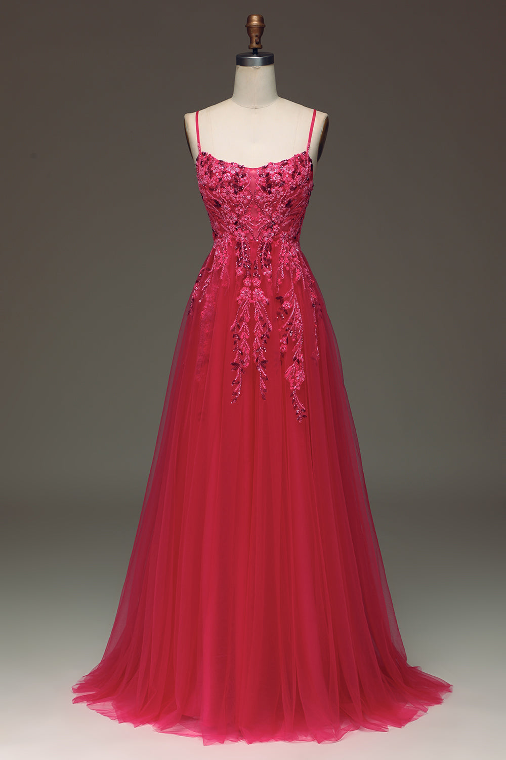 Spaghetti Straps A Line Fuchsia Prom Dress with Appliques