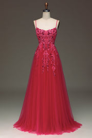 Spaghetti Straps A Line Fuchsia Prom Dress with Appliques