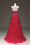 Spaghetti Straps A Line Fuchsia Prom Dress with Appliques