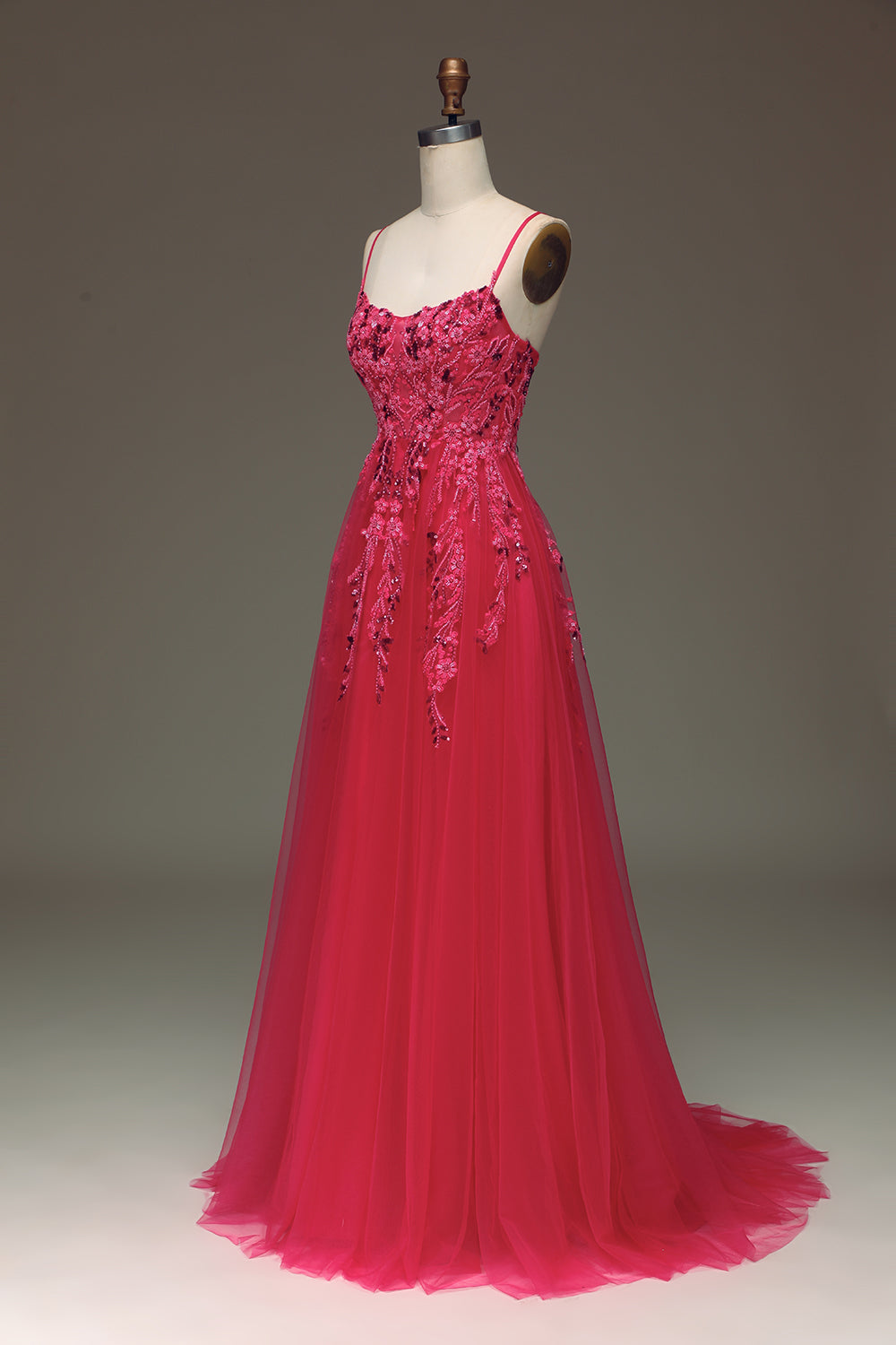 Spaghetti Straps A Line Fuchsia Prom Dress with Appliques