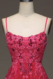 Spaghetti Straps A Line Fuchsia Prom Dress with Appliques