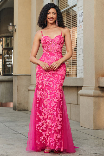 ZAPAKA Women Fuchsia Long Prom Dress with Appliques Mermaid Spaghetti  Straps Evening Dress – Zapaka CA