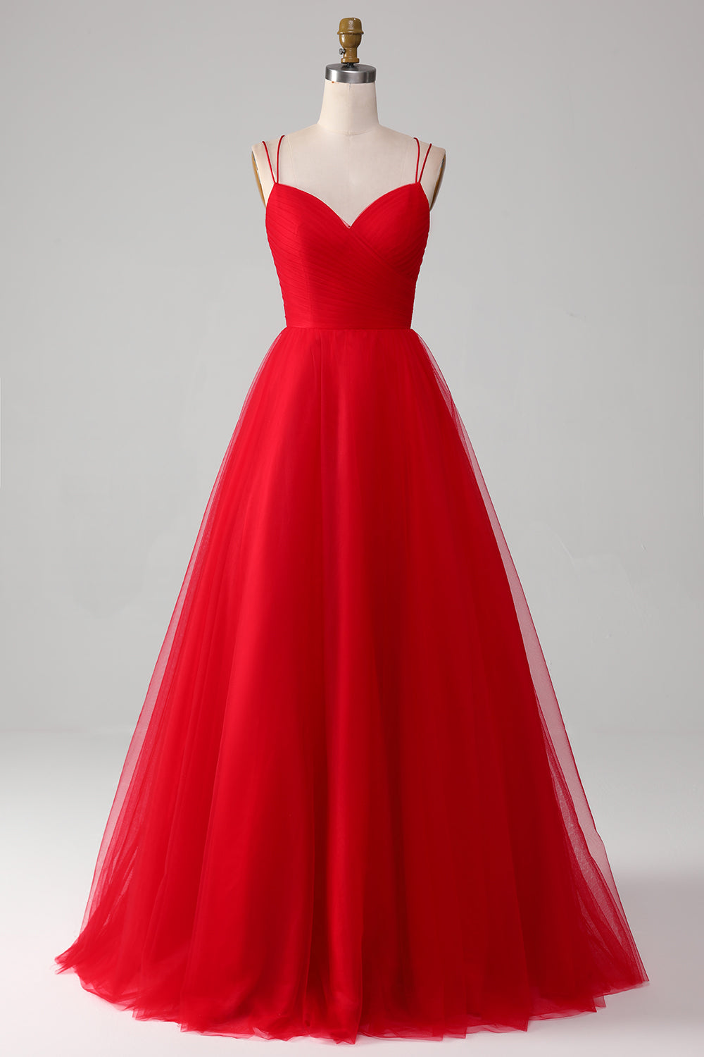 Red Tulle Spaghetti Strap A-line Prom Dress