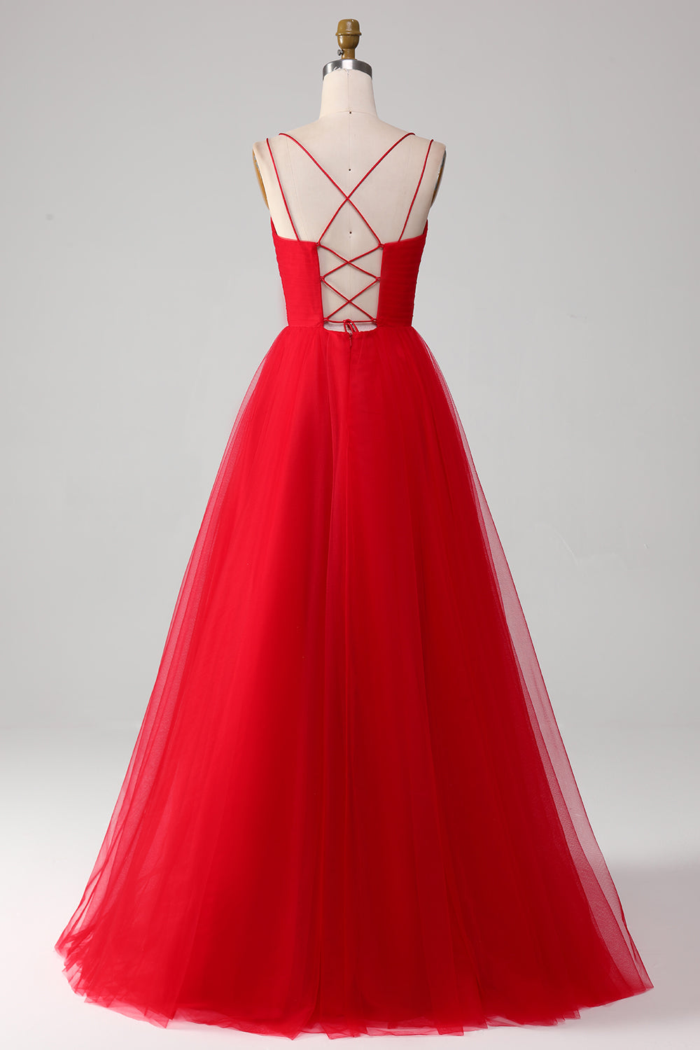 Red Tulle Spaghetti Strap A-line Prom Dress