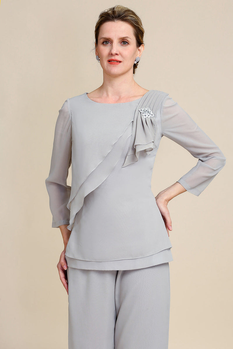 Grey Long Sleeves 2 Piece Mother of the Bride Pant Suits