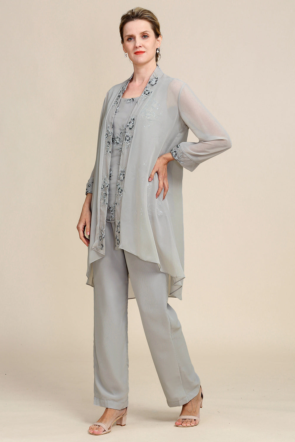 Zapaka Women Grey 3 Piece Mother of the Bride Pant Suits with Lace