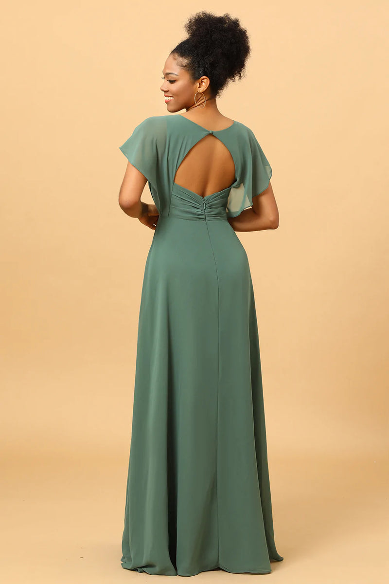 Chiffon A line Green Bridesmaid Dress with Slit