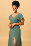 Chiffon A-line Green Bridesmaid Dress with Slit