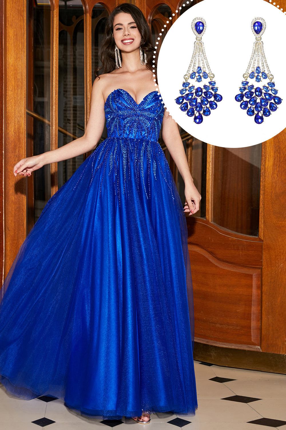Royal Blue A-Line Sweetheart Long Beaded Prom Dress with Accessory