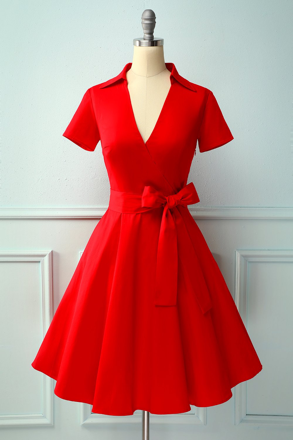 Red V-neck Solid Dress