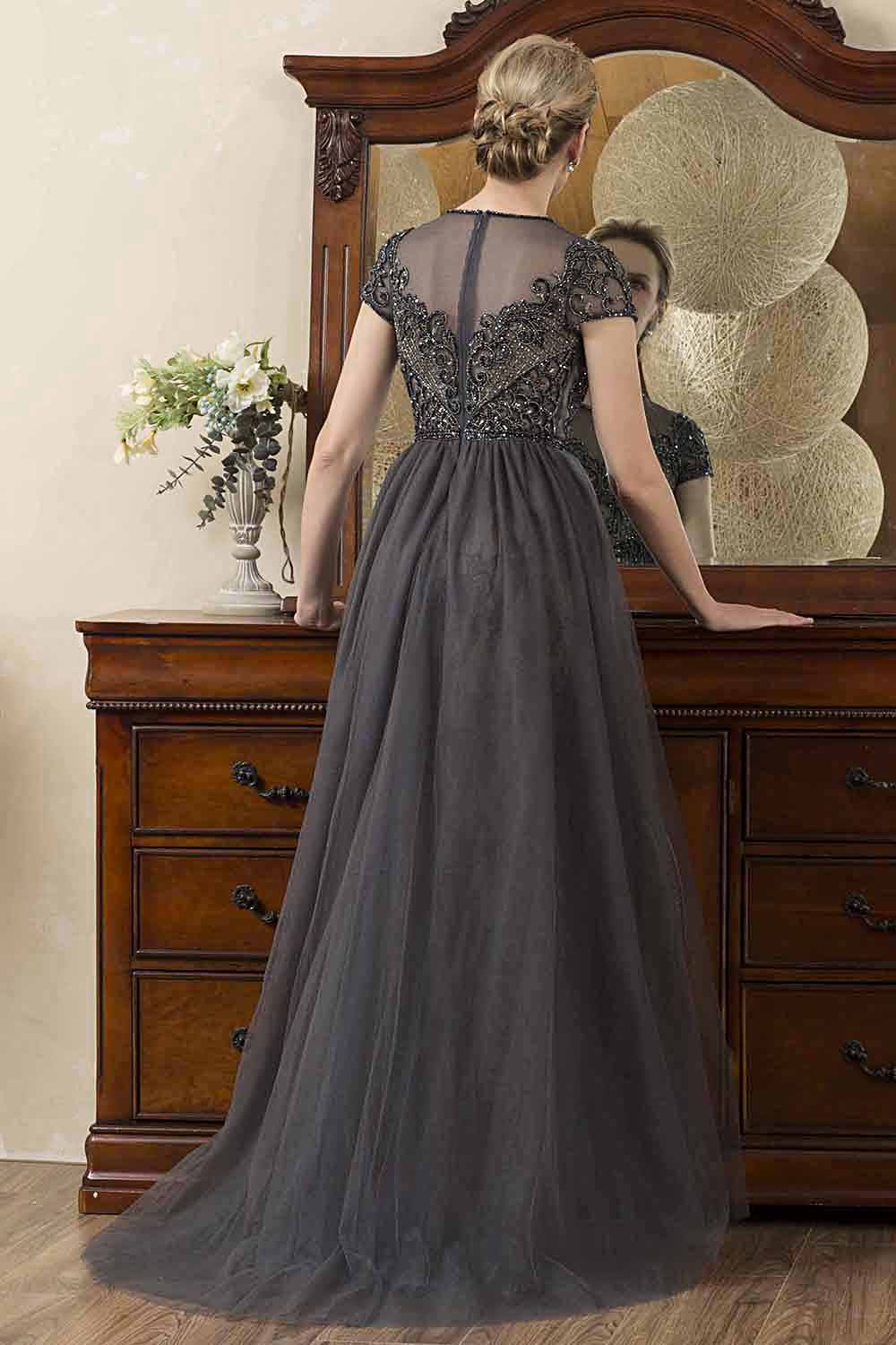 Grey A Line Tulle Beaded Glitter Mother of the Bride Dress