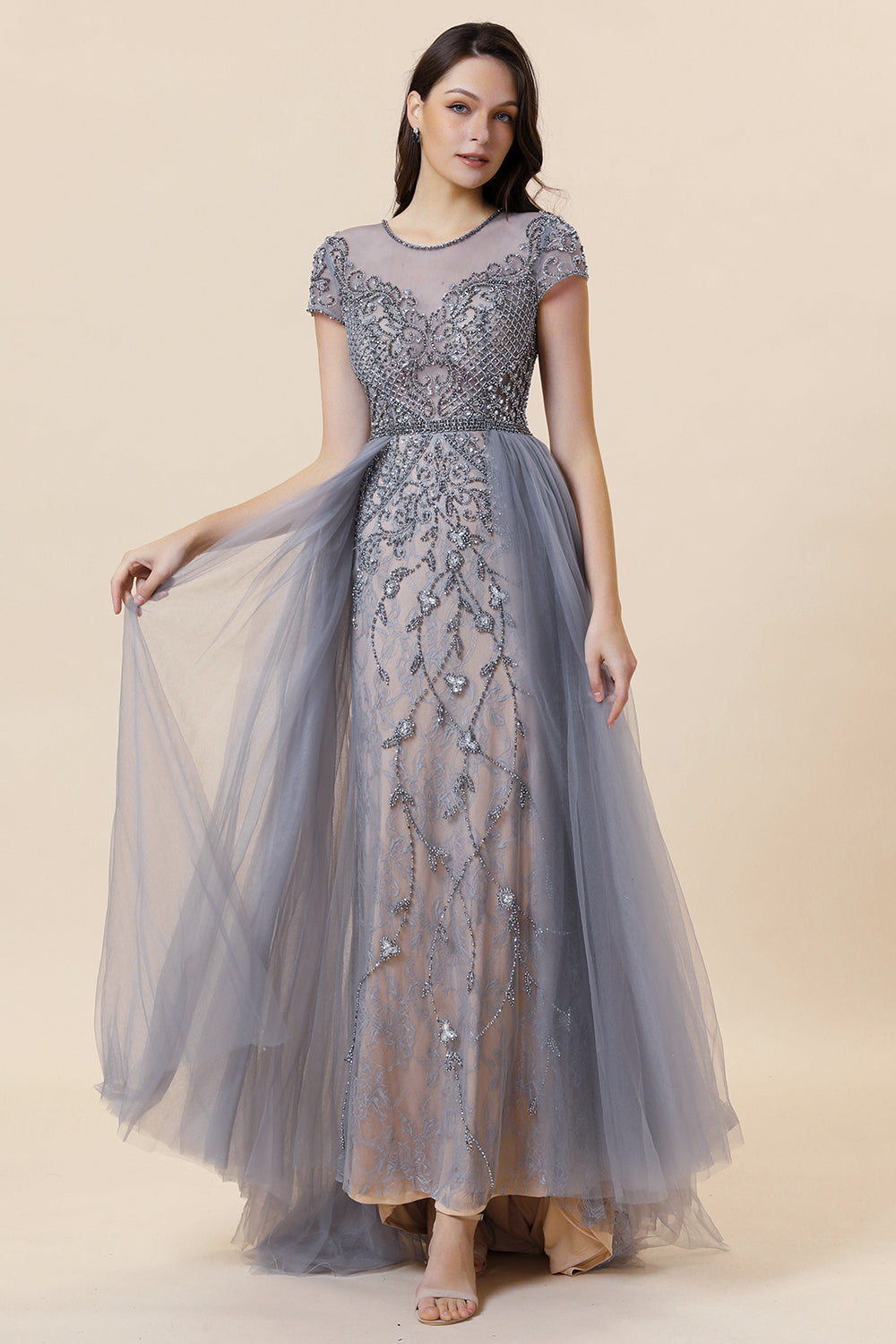 Sparkly Grey Beaded Long Formal Dress