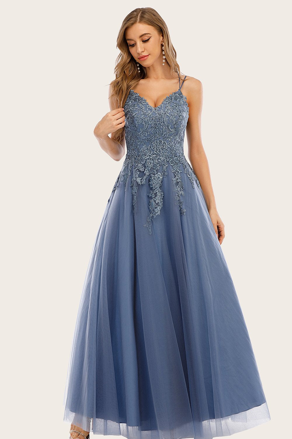 Dusty Blue Long Prom Dress with Lace