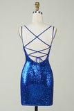 Royal Blue Tight Sequins Backless Graduation Dress