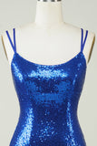Royal Blue Tight Sequins Backless Graduation Dress