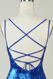 Royal Blue Tight Sequins Backless Graduation Dress