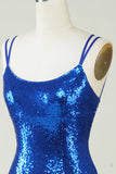 Royal Blue Tight Sequins Backless Graduation Dress