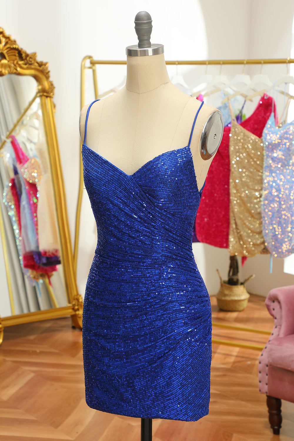 Blue Sequins Tight Backless Short Graduation Dress