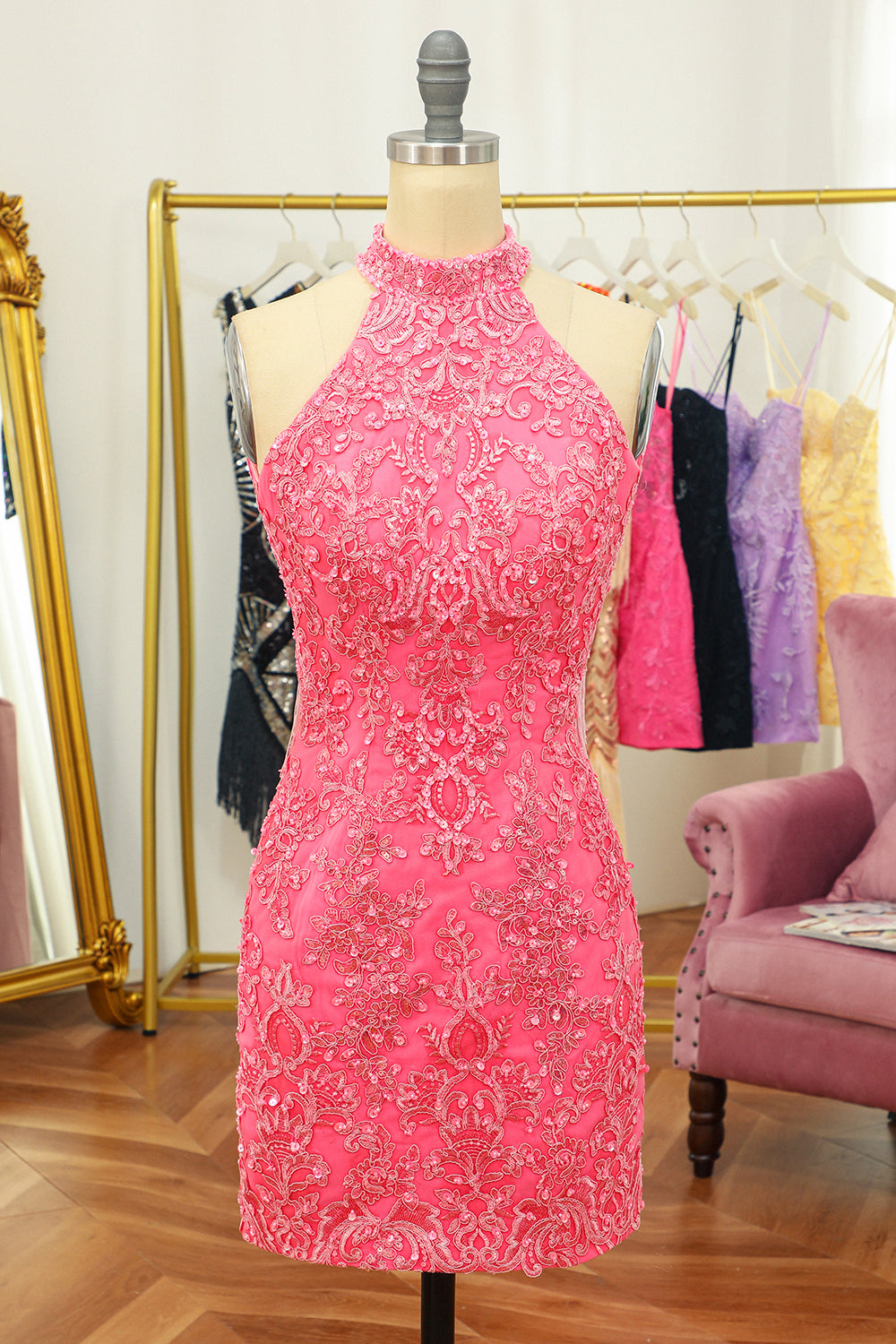 Pink Open Back Halter Lace Tight Graduation Dress