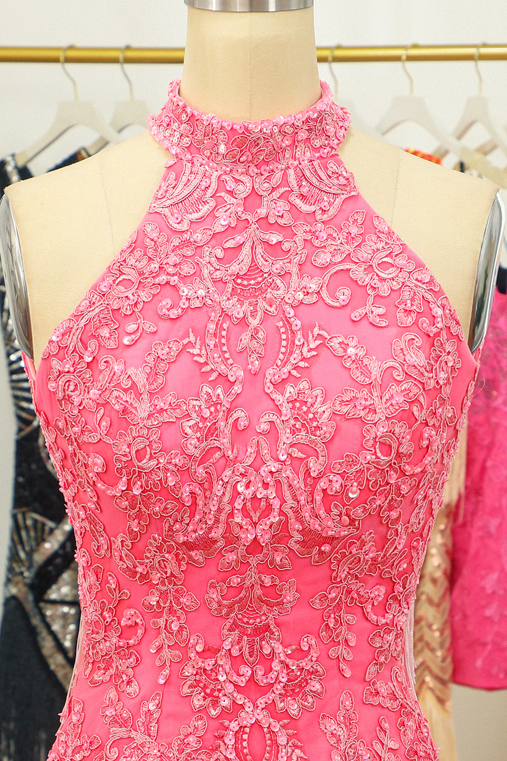 Pink Open Back Halter Lace Tight Graduation Dress