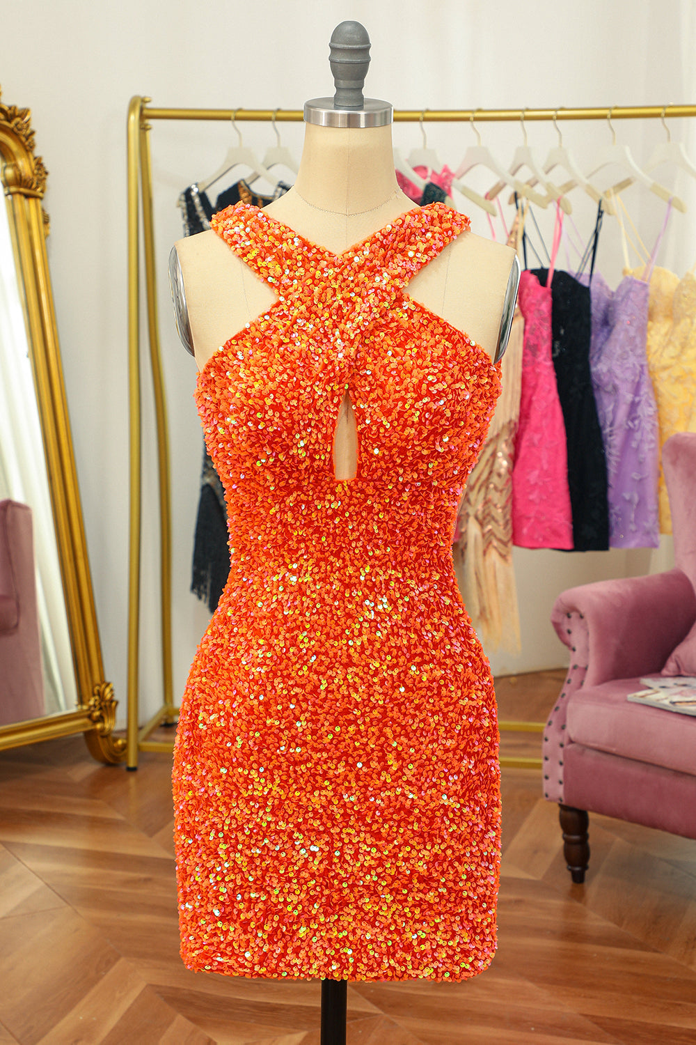 Glitter Red Halter Backless Sequins Tight Graduation Dress