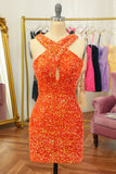 Glitter Red Halter Backless Sequins Tight Graduation Dress