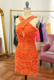 Glitter Red Halter Backless Sequins Tight Graduation Dress