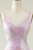 Sheath V Neck Lilac Sequins Long Prom Dress with Split Front