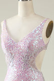 Sheath V Neck Lilac Sequins Long Prom Dress with Split Front