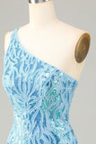 Sheath One Shoulder Blue Sequins Short Homecoming Dress with Tassel