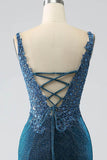 Glitter Dark Blue Mermaid Prom Dress with Beading