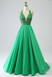 Satin Green Halter Prom Dress with Beading