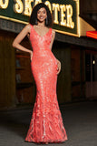 Charming Coral Mermaid Deep V Neck Sparkly Sequin Prom Dress with Accessory