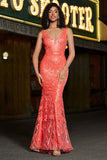 Charming Coral Mermaid Deep V Neck Sparkly Sequin Prom Dress with Accessory