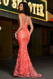 Charming Coral Mermaid Deep V Neck Sparkly Sequin Prom Dress with Accessory