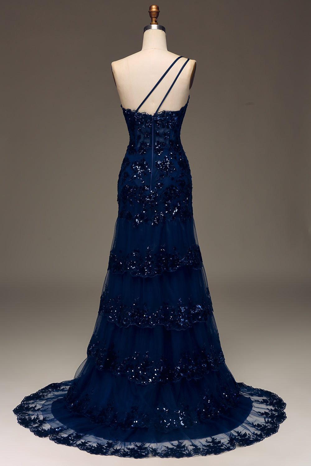 Sparkly Dark Navy Tiered Lace One Shoulder Long Prom Dress with Slit