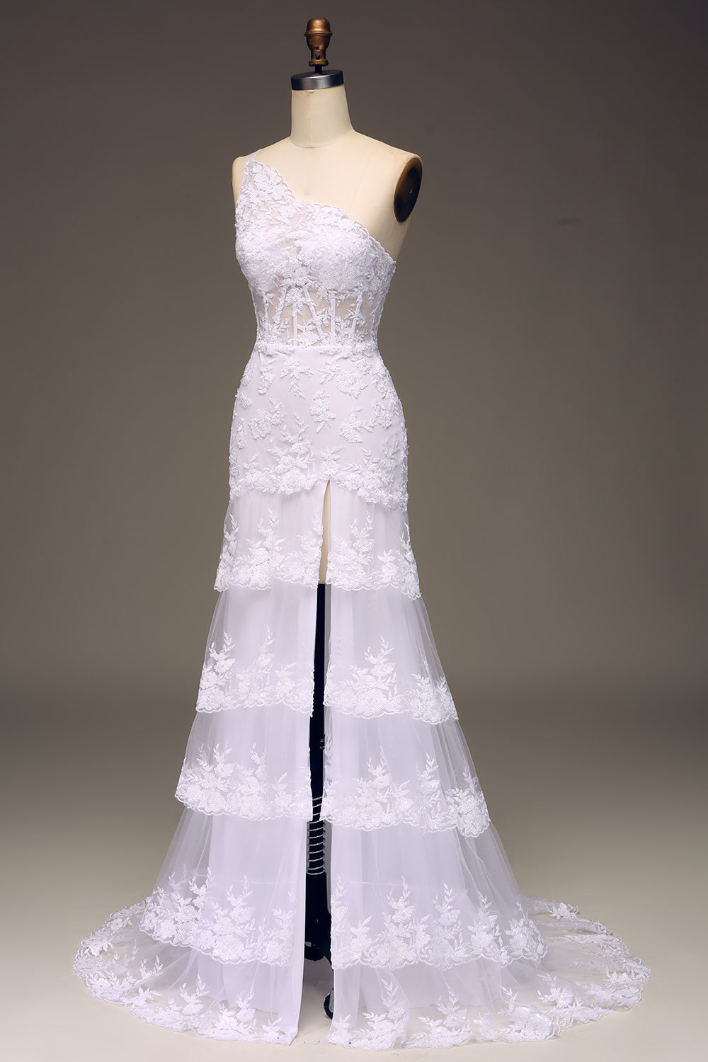 Sparkly Dark Navy Tiered Lace One Shoulder Long Prom Dress with Slit