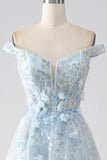 Light Blue A-Line Off the Shoulder Long Corset Prom Dress