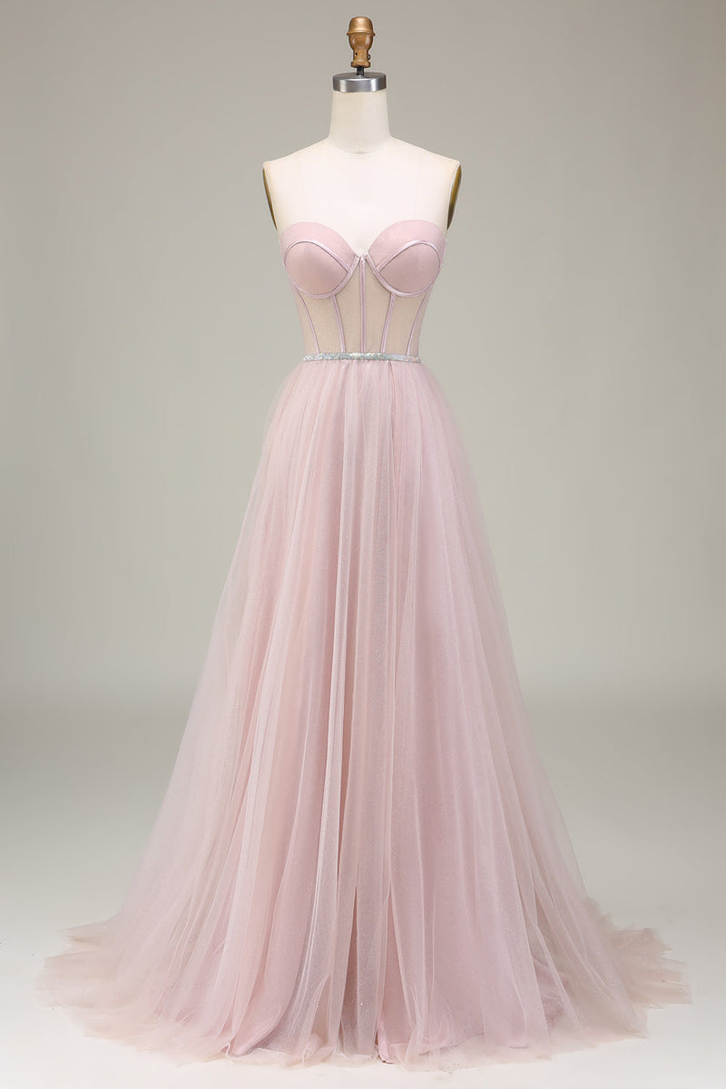 ZAPAKA Women Light Pink Prom Dress with Corset Tulle Sweetheart