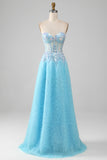 A Line Strapless Sky Blue Corset Prom Dress with Sequins
