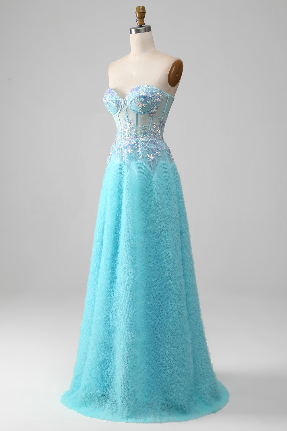 A Line Strapless Sky Blue Corset Prom Dress with Sequins