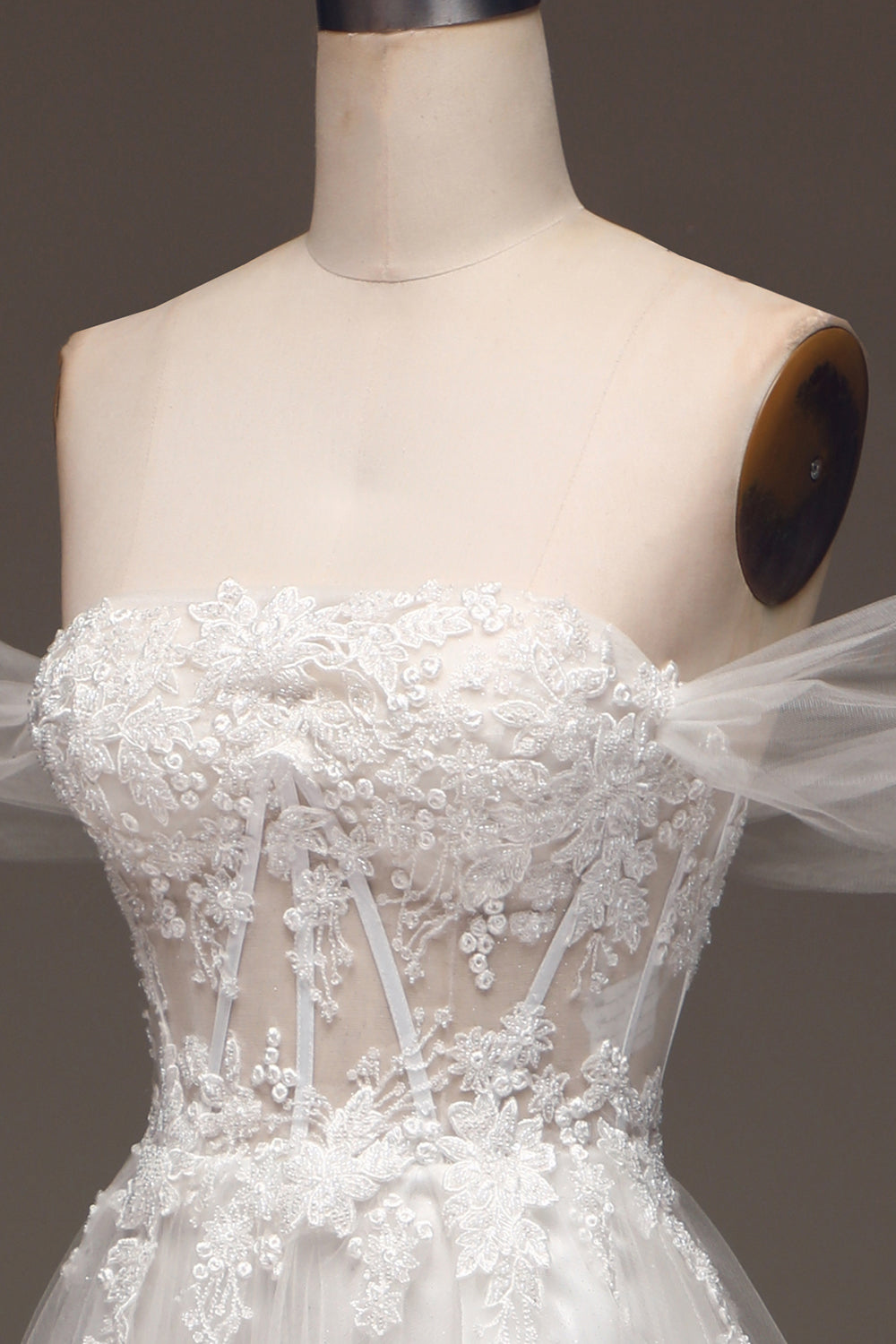 White Off the Shoulder A Line Corset Prom Dress with Appliques
