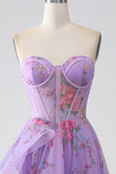 Purple Printed Strapless Corset Prom Dress