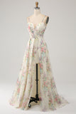 A-Line Flower Printed Ivory Prom Dress with Slit