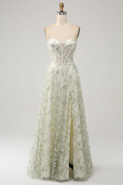 A-Line Light Green Corset Prom Dress with Embroidery