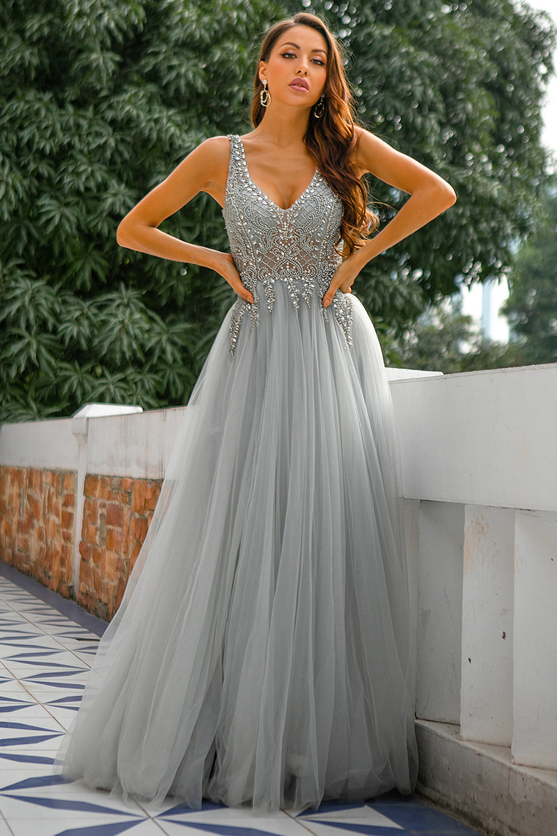 Evening Women V-Neck Long Formal Elegant Evening Gowns Party Prom  DRS/Gray/8 (Gray 2) (Gray 8)