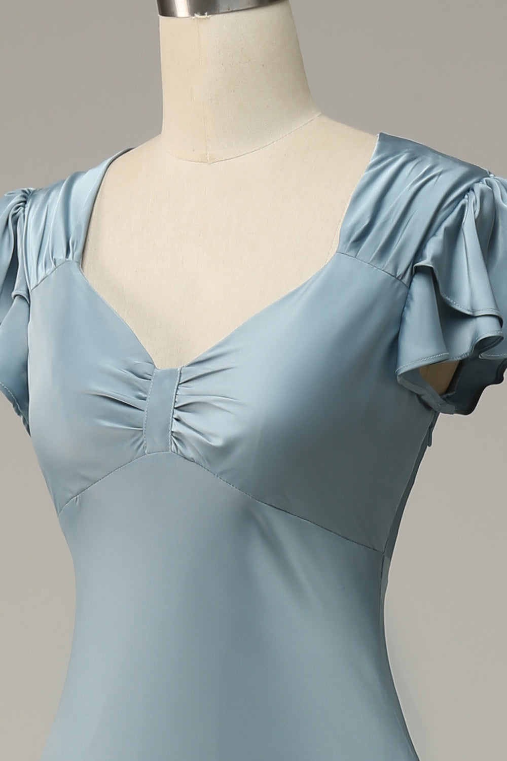 Grey Blue Satin Simple Prom Dress with Ruffles